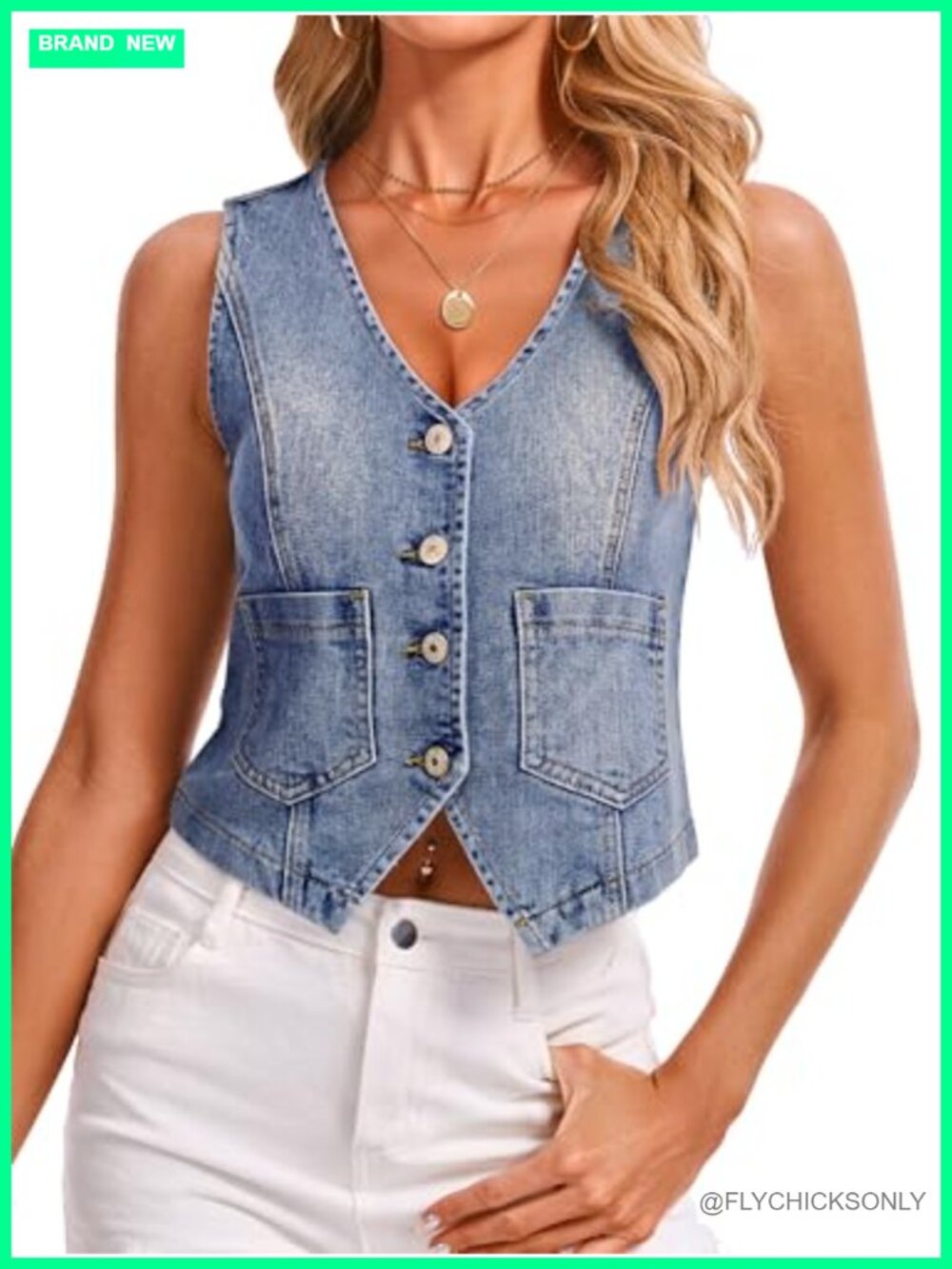 Denim Jean Vest - Sleeveless Button Down Cropped with Pockets for Women